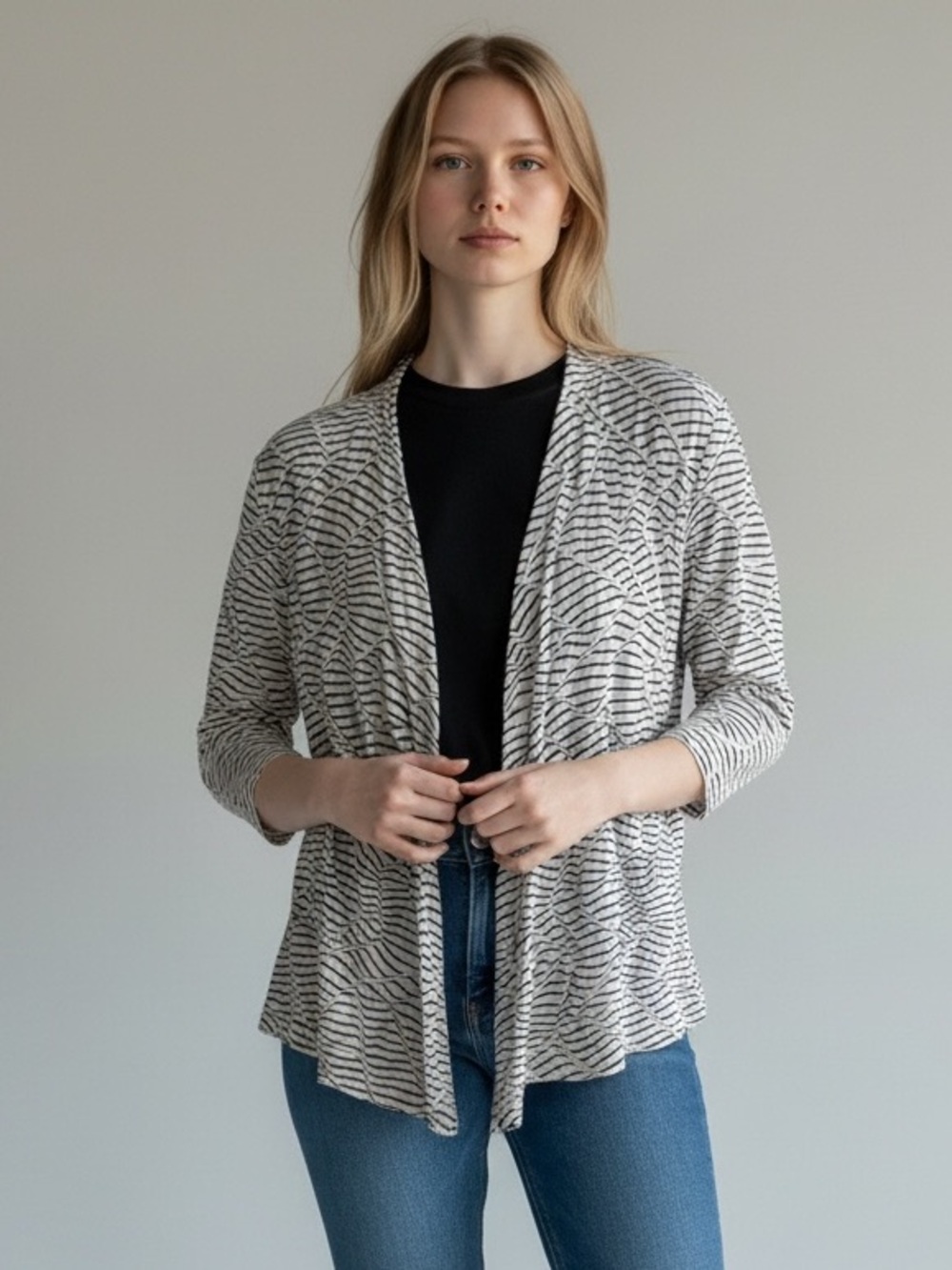 NIC+ZOE Black and White Striped Textured Open Cardigan, L